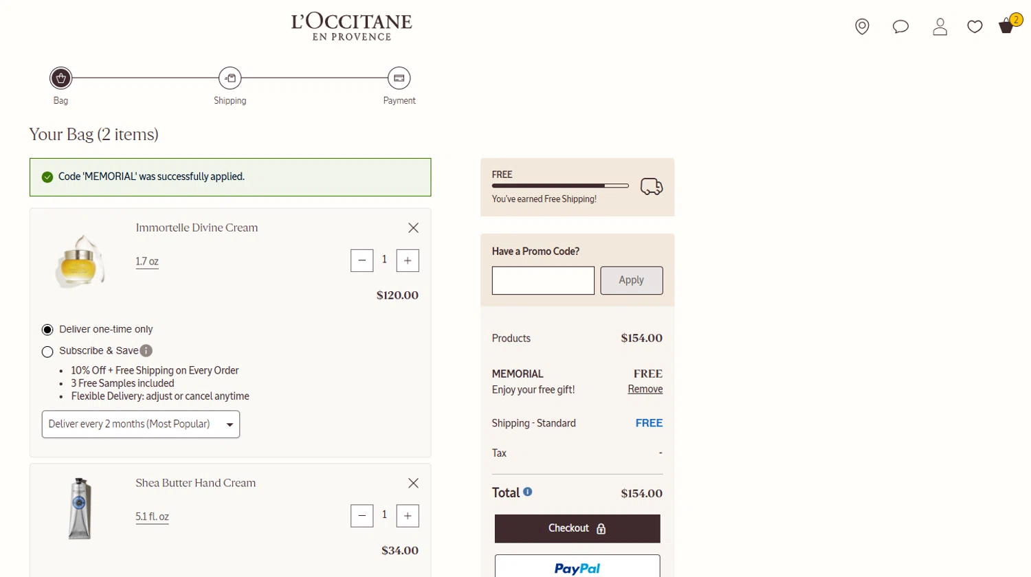 Verification screenshot for Free Shipping Storewide at L'Occitane - 51d ago
