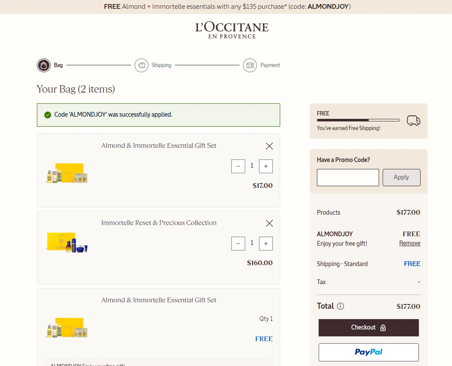Verification screenshot for Almond and Inmortelle Essential Gift Set Storewide (minimum Order $135) at L'Occitane — 5mo ago