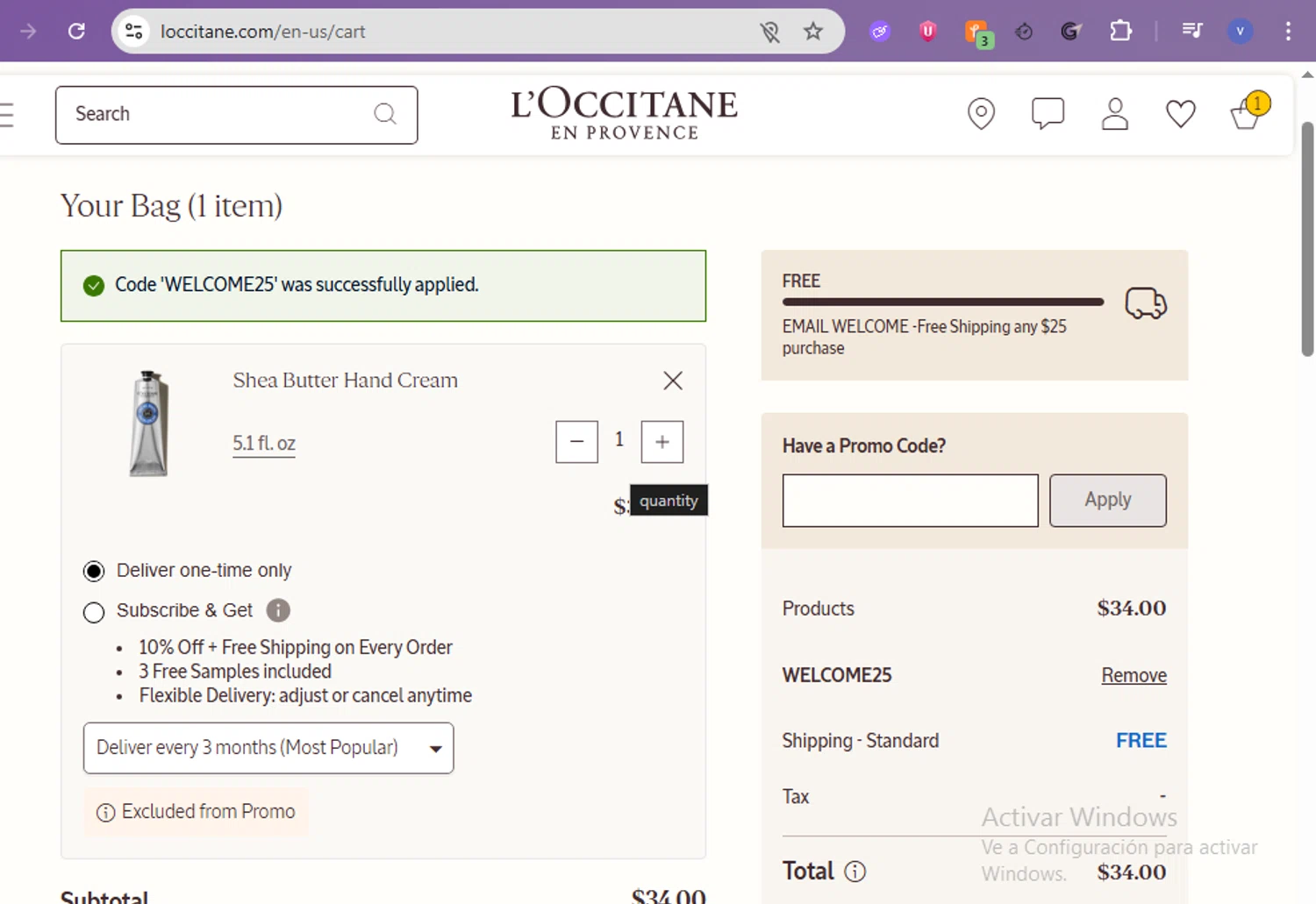 L'Occitane discount code screenshot showing code WELCOME25 applied at L'Occitane checkout page. Uploaded by SimplyCodes community member beatrizcastillo on Feb 10, 2026