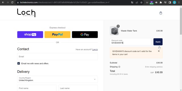 Loch Electronics checkout page showing Loch Electronics promo code box | Screenshot taken by SimplyCodes community member on Nov 26, 2023