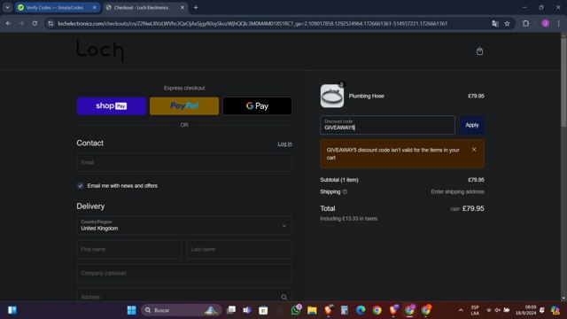 Loch Electronics checkout page showing Loch Electronics promo code box | Screenshot taken by SimplyCodes community member on Sep 18, 2024