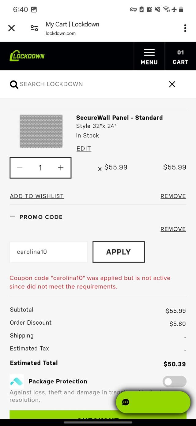 Lockdown checkout page showing Lockdown promo code box | Screenshot taken by SimplyCodes community member on Mar 21, 2025