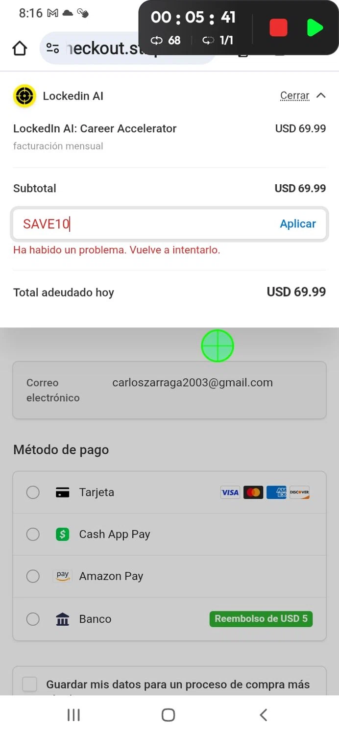 LockedIn AI promo code screenshot showing code SAVE10 applied at LockedIn AI checkout page. Uploaded by SimplyCodes community member GoldSeeker7901 on Oct 28, 2025