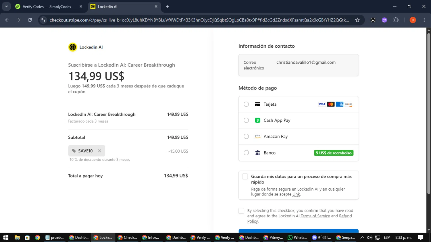 LockedIn AI promo code screenshot showing code SAVE10 applied at LockedIn AI checkout page. Uploaded by SimplyCodes community member NatanaelCano on Sep 29, 2025