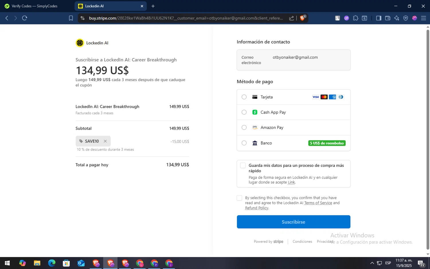 LockedIn AI promo code screenshot showing code SAVE10 applied at LockedIn AI checkout page. Uploaded by SimplyCodes community member TokenSaver1205 on Sep 15, 2025