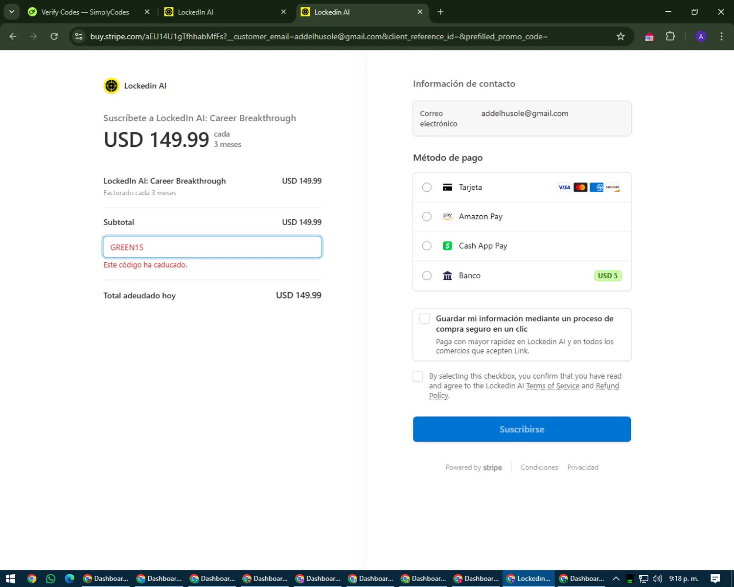 LockedIn AI promo code screenshot showing code GREEN15 applied at LockedIn AI checkout page. Uploaded by SimplyCodes community member MagnificentWarden4603 on Mar 20, 2025