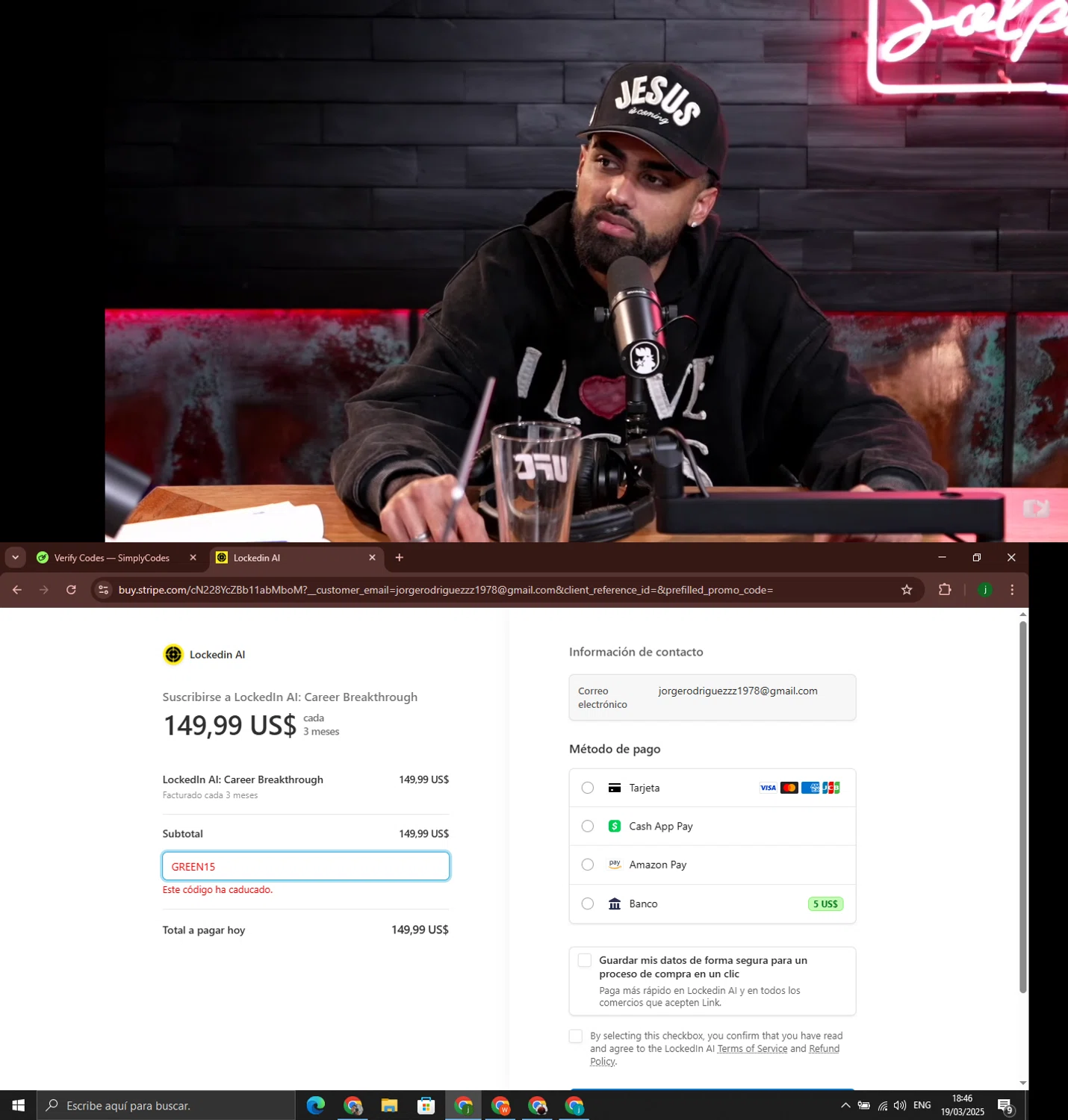 LockedIn AI promo code screenshot showing code GREEN15 applied at LockedIn AI checkout page. Uploaded by SimplyCodes community member jorgeroz on Mar 19, 2025