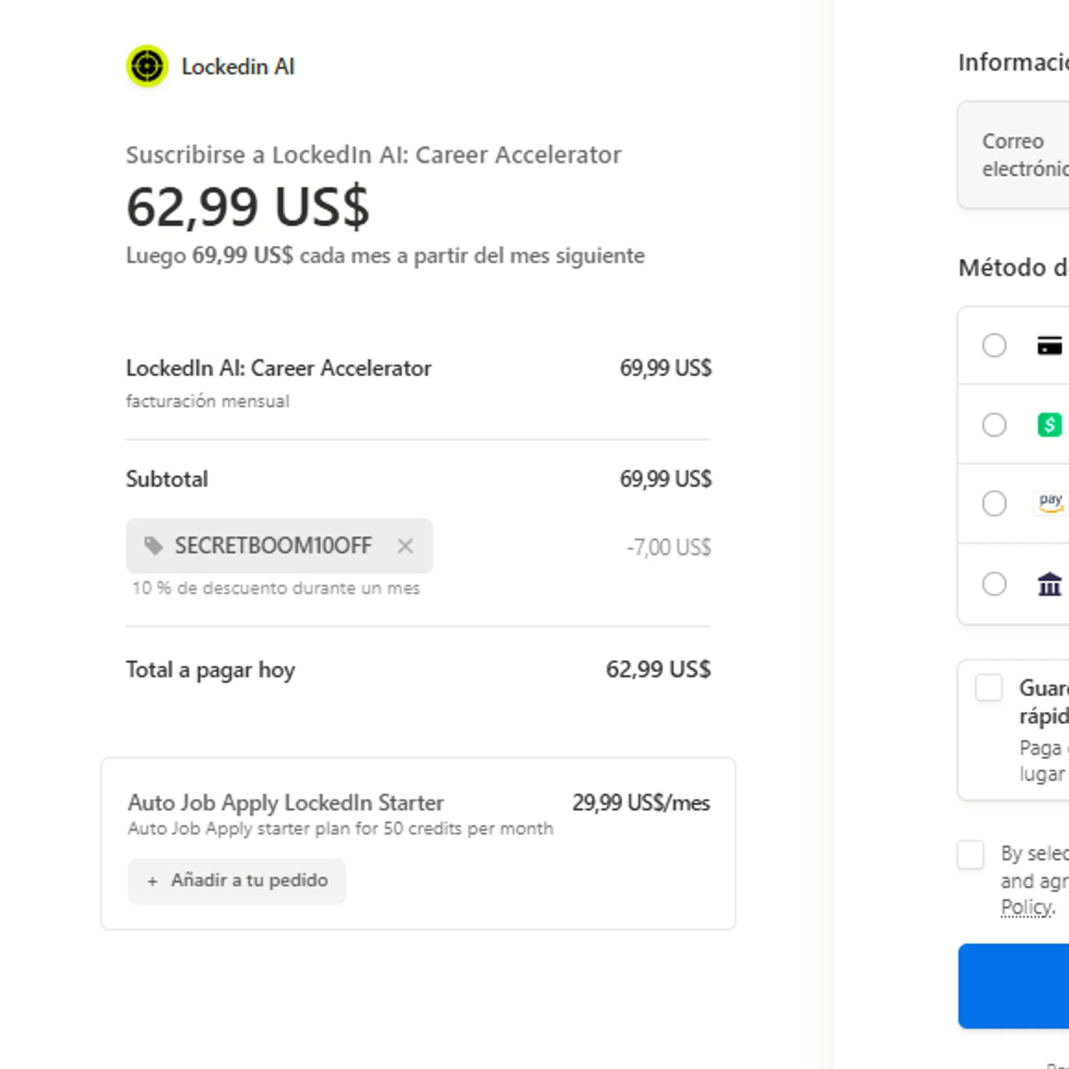 LockedIn AI promo code screenshot showing code SECRETBOOM10OFF applied at LockedIn AI checkout page. Uploaded by SimplyCodes community member a2d2c2d211 on Dec 24, 2025