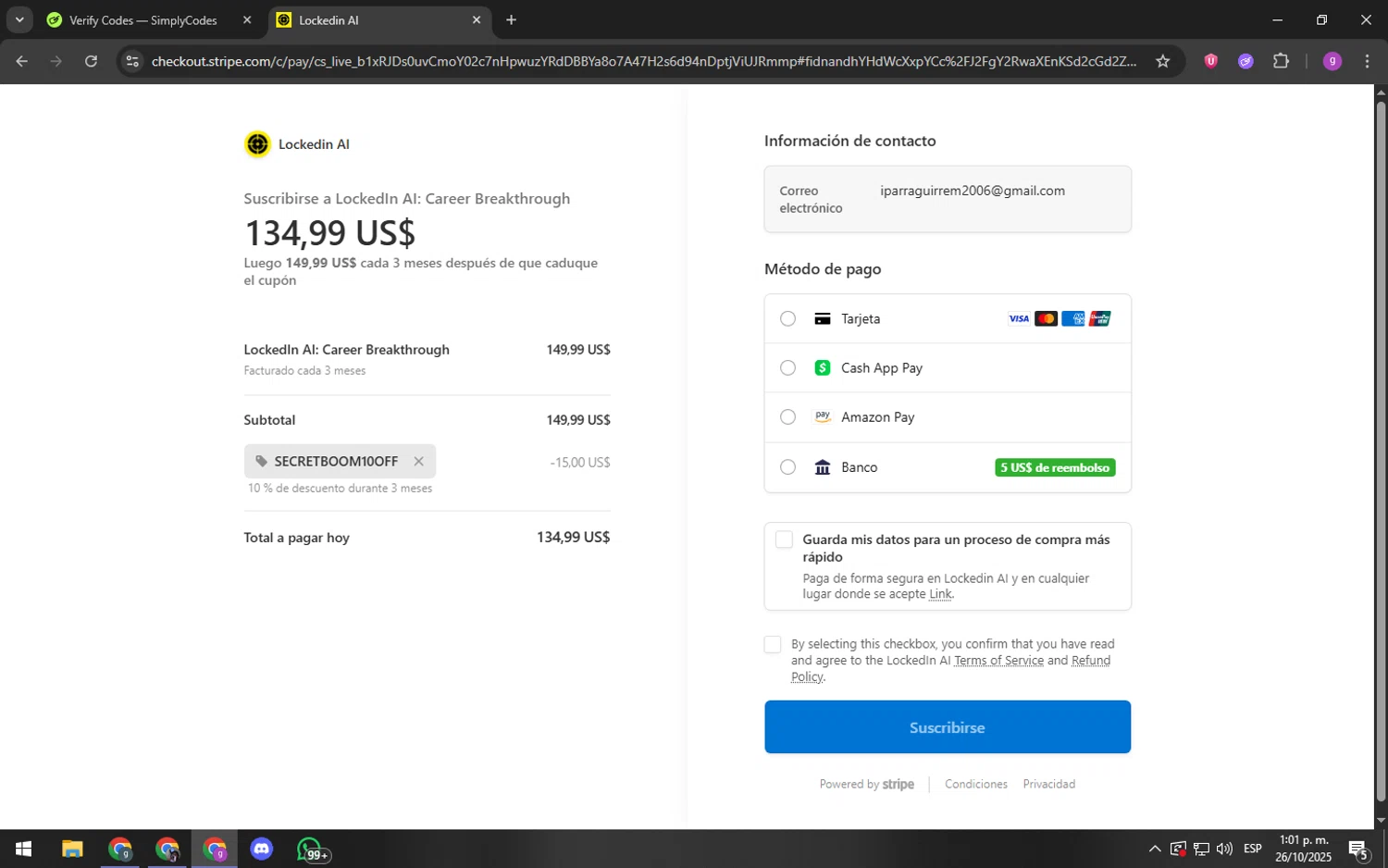 LockedIn AI promo code screenshot showing code SECRETBOOM10OFF applied at LockedIn AI checkout page. Uploaded by SimplyCodes community member youngchecker on Oct 26, 2025