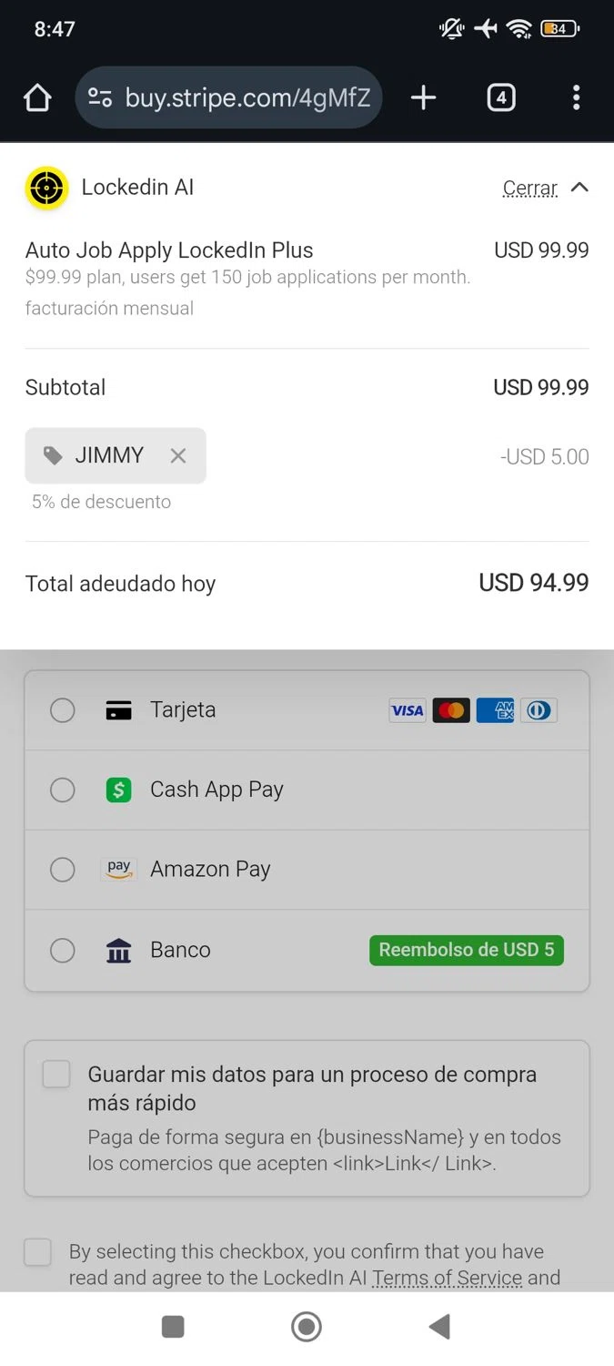 LockedIn AI promo code screenshot showing code JIMMY applied at LockedIn AI checkout page. Uploaded by SimplyCodes community member RoyalSpotter5217 on Sep 11, 2025