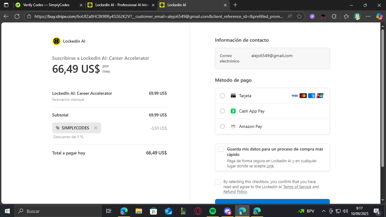 LockedIn AI promo code screenshot showing code SIMPLYCODES applied at LockedIn AI checkout page. Uploaded by SimplyCodes community member CashCollector4109 on Sep 10, 2025
