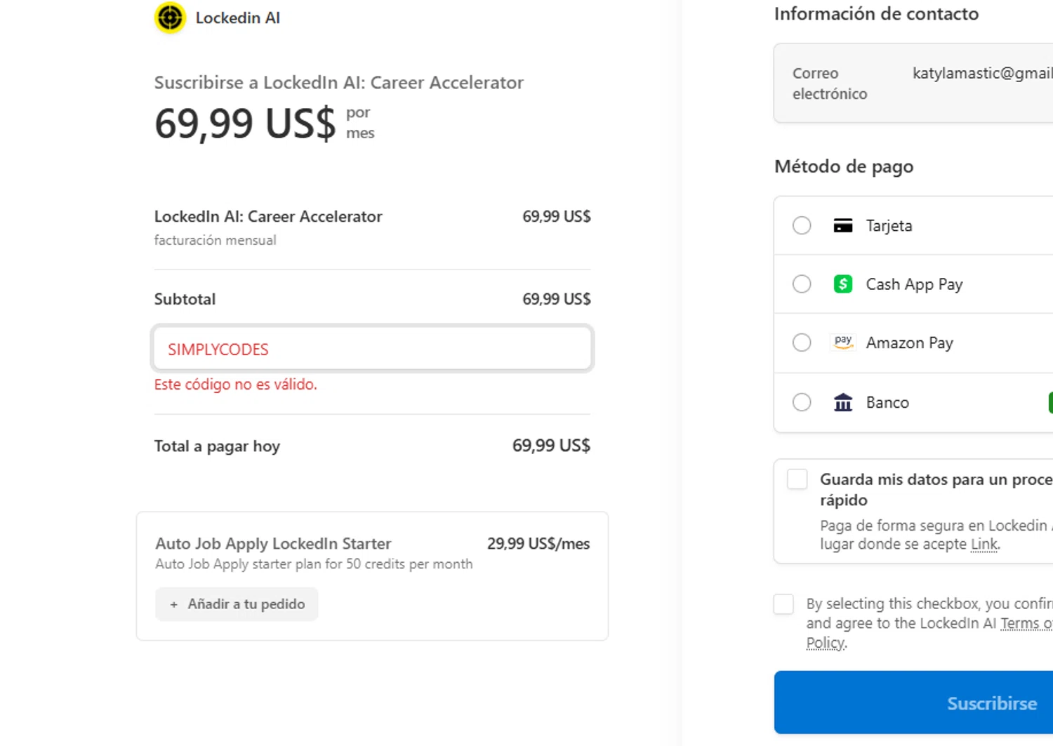 LockedIn AI promo code screenshot showing code SIMPLYCODES applied at LockedIn AI checkout page. Uploaded by SimplyCodes community member Dejadepicharme on Jan 5, 2026