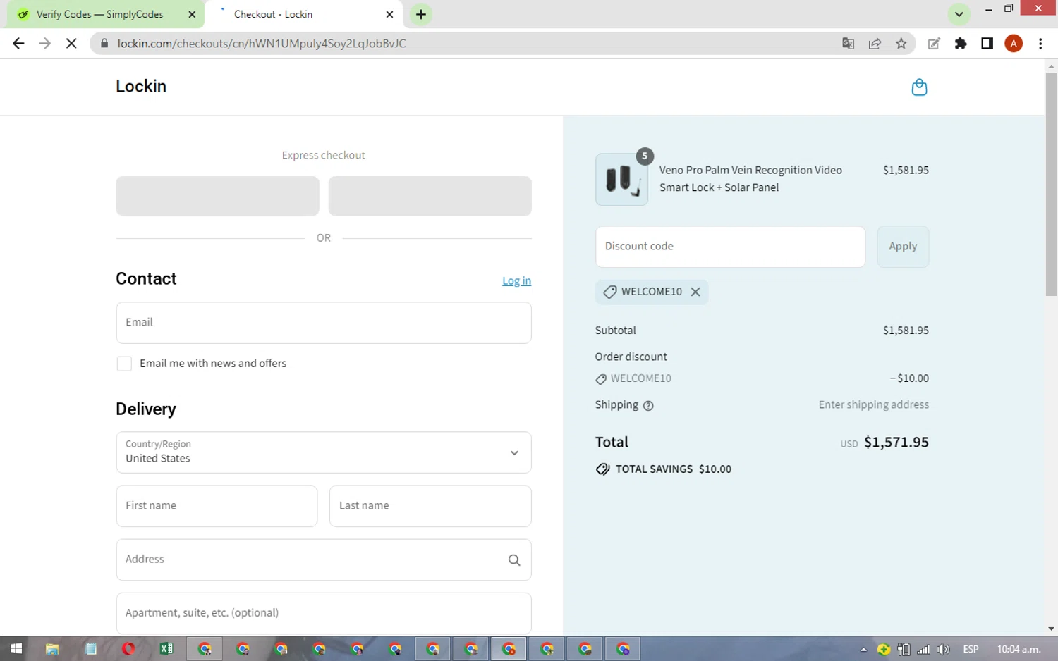 Lockin promo code screenshot showing code WELCOME10 applied at Lockin checkout page. Uploaded by SimplyCodes community member FundoKadmiel on Aug 6, 2025
