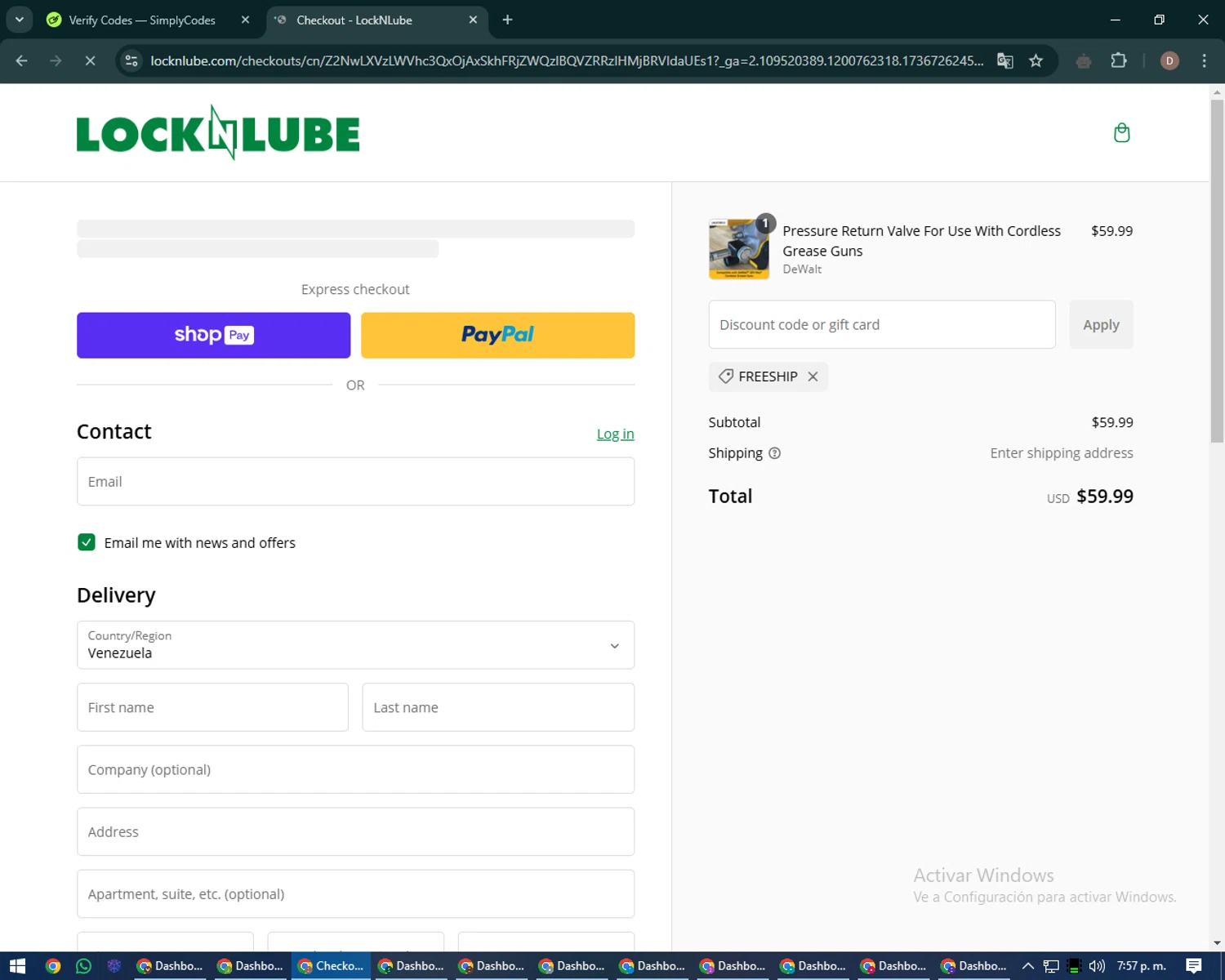 LockNLube discount code screenshot showing code FREESHIP applied at LockNLube checkout page. Uploaded by SimplyCodes community member RoyalDefender5750 on Jan 12, 2025