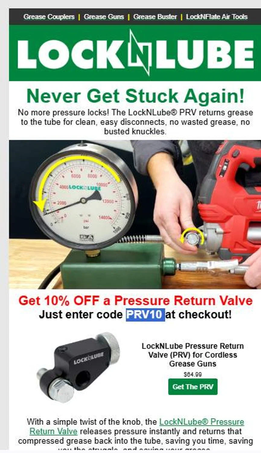 LockNLube discount code screenshot showing code PRV10 applied at LockNLube checkout page. Uploaded by SimplyCodes community member stygian1 on Sep 24, 2025