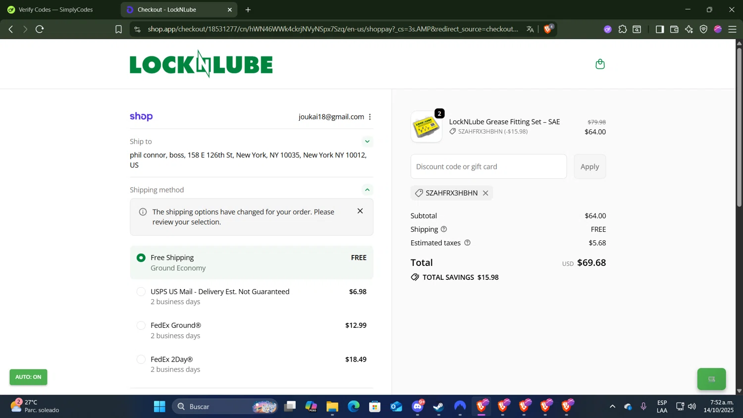 LockNLube discount code screenshot showing code SZAHFRX3HBHN applied at LockNLube checkout page. Uploaded by SimplyCodes community member CocuydePenca on Oct 14, 2025