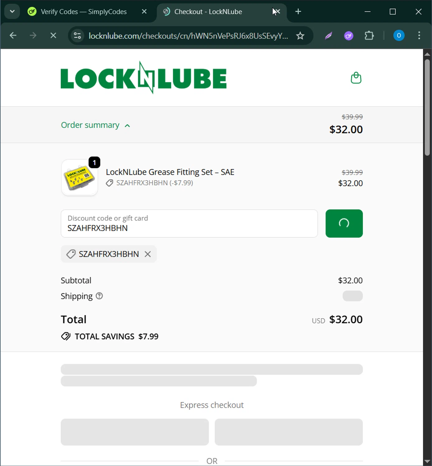 LockNLube discount code screenshot showing code SZAHFRX3HBHN applied at LockNLube checkout page. Uploaded by SimplyCodes community member CodeScholar4340 on Nov 28, 2025