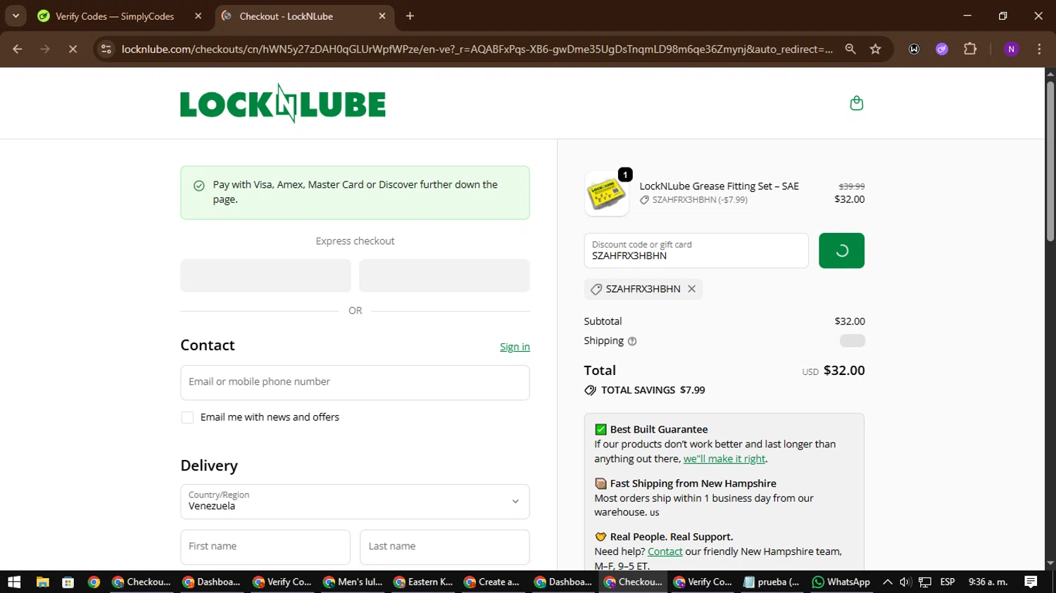 LockNLube discount code screenshot showing code SZAHFRX3HBHN applied at LockNLube checkout page. Uploaded by SimplyCodes community member NATAAAAAANAELCANO on Dec 2, 2025