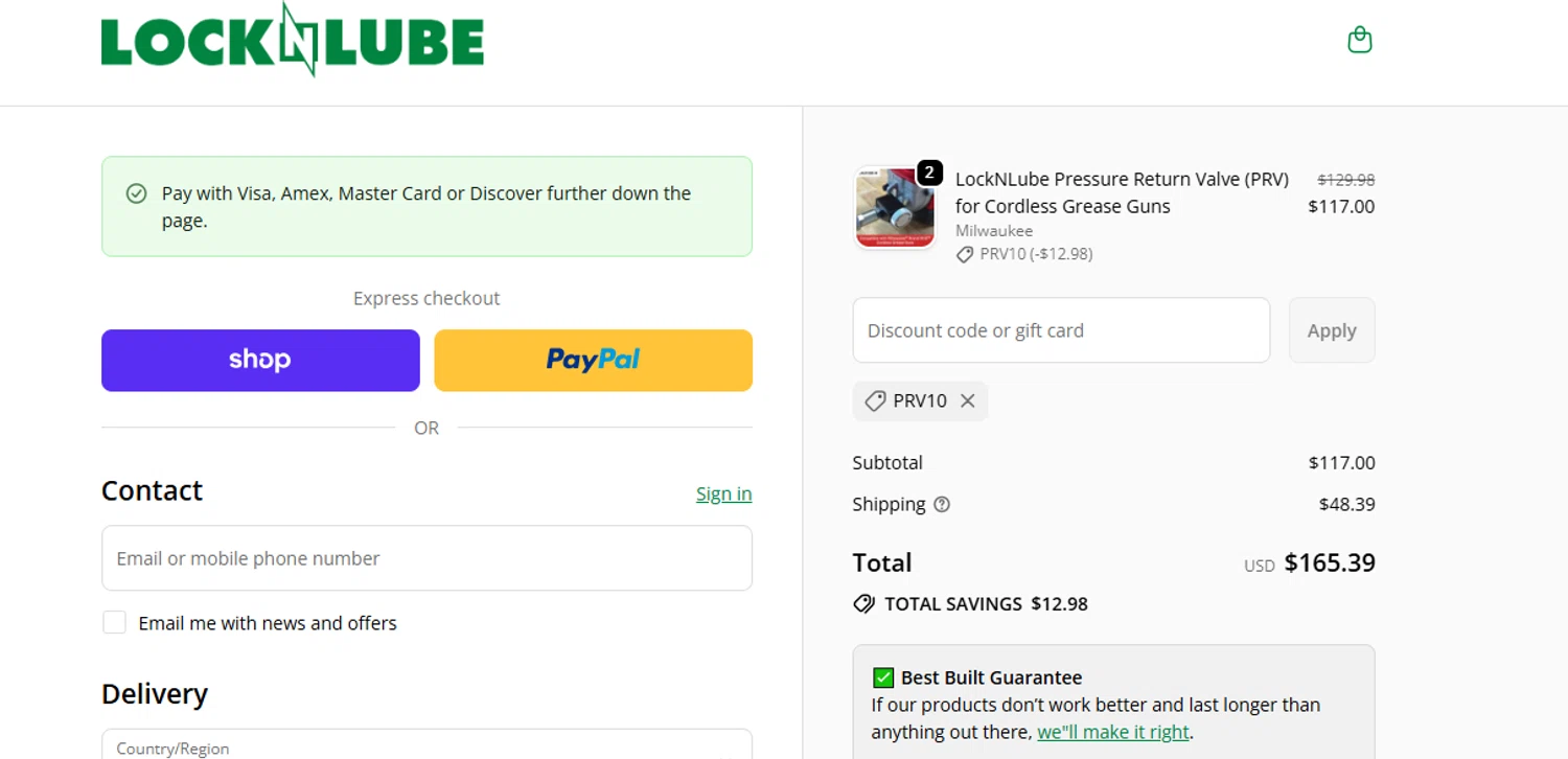 LockNLube discount code screenshot showing code PRV10 applied at LockNLube checkout page. Uploaded by SimplyCodes community member Toundjiale on Sep 24, 2025