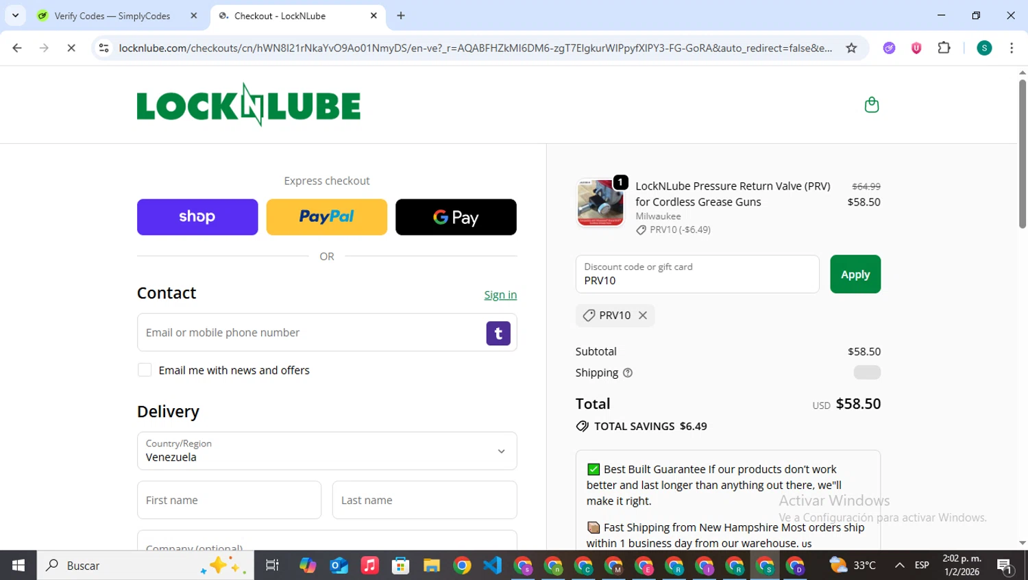LockNLube discount code screenshot showing code PRV10 applied at LockNLube checkout page. Uploaded by SimplyCodes community member VictoriousPilot5281 on Feb 1, 2026