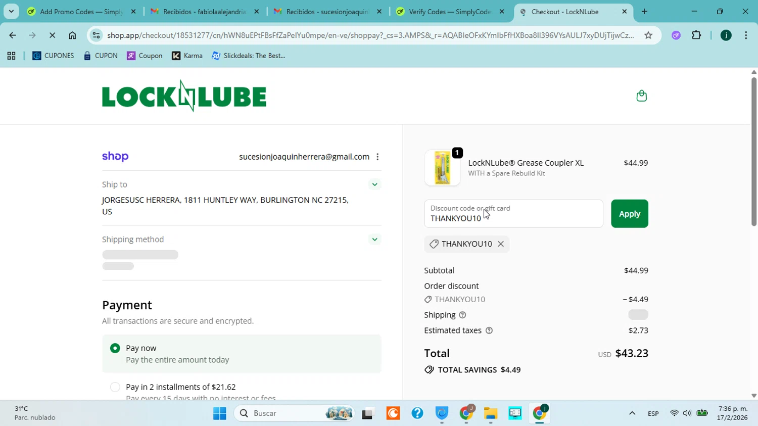 LockNLube checkout page showing LockNLube discount code box | Screenshot taken by SimplyCodes community member on Feb 17, 2026
