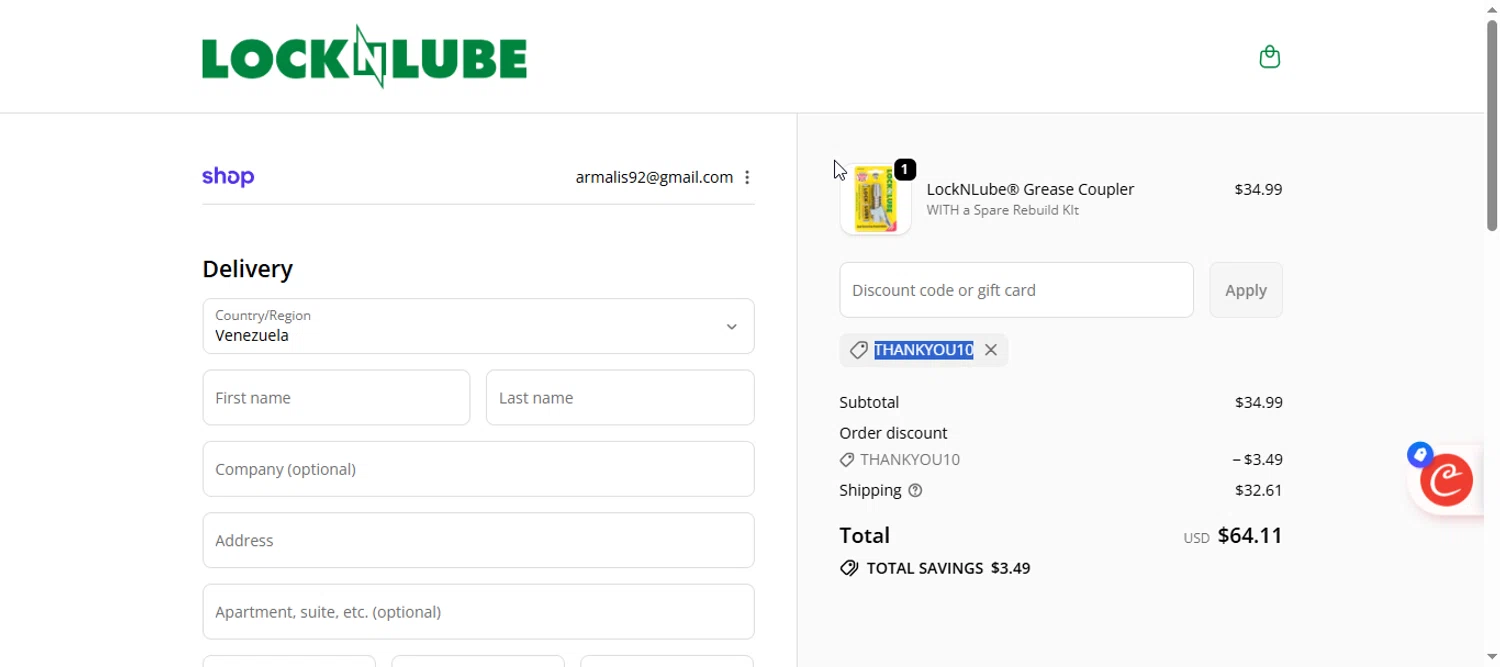 LockNLube discount code screenshot showing code THANKYOU10 applied at LockNLube checkout page. Uploaded by SimplyCodes community member armalissolorzano1 on Nov 12, 2025