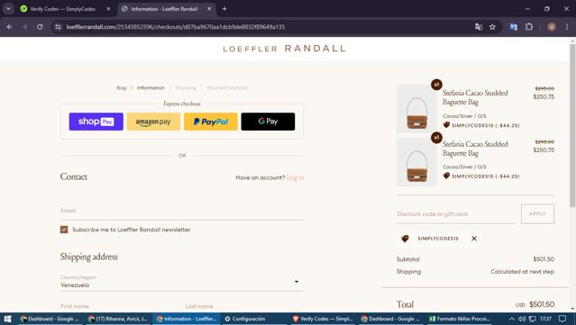 Loeffler Randall checkout page showing Loeffler Randall promo code box | Screenshot taken by SimplyCodes community member on Apr 26, 2024