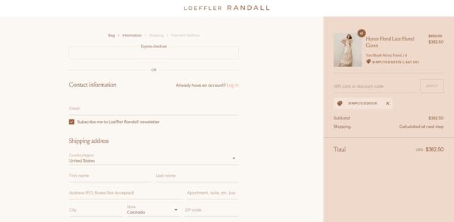 Loeffler Randall checkout page showing Loeffler Randall promo code box | Screenshot taken by SimplyCodes community member on Aug 19, 2022