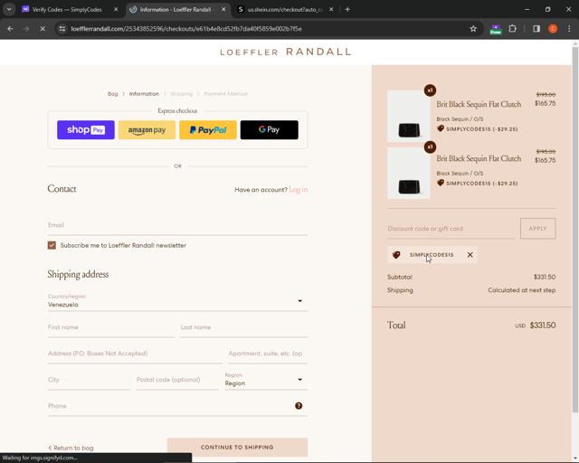 Loeffler Randall checkout page showing Loeffler Randall promo code box | Screenshot taken by SimplyCodes community member on Jan 8, 2024