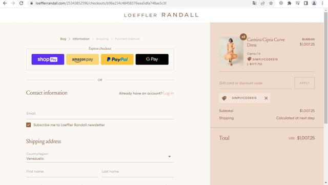 Loeffler Randall checkout page showing Loeffler Randall promo code box | Screenshot taken by SimplyCodes community member on Sep 17, 2022
