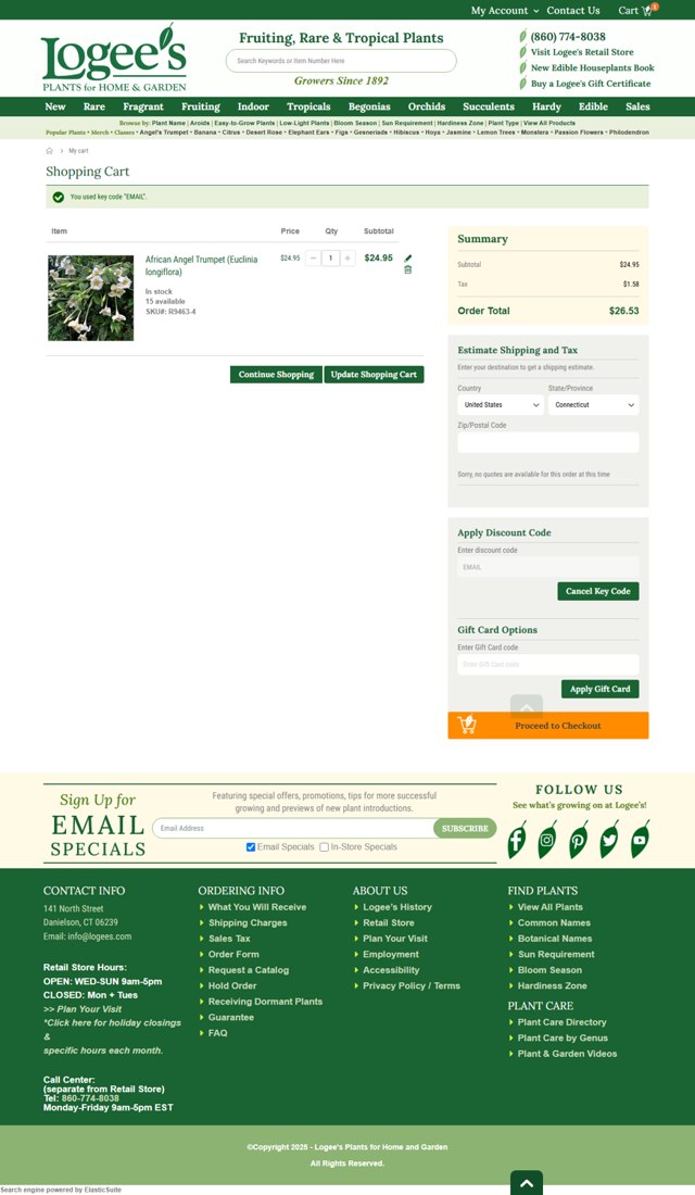 Logee's checkout page showing Logee's discount code box | Screenshot taken by SimplyCodes community member on Jul 19, 2025