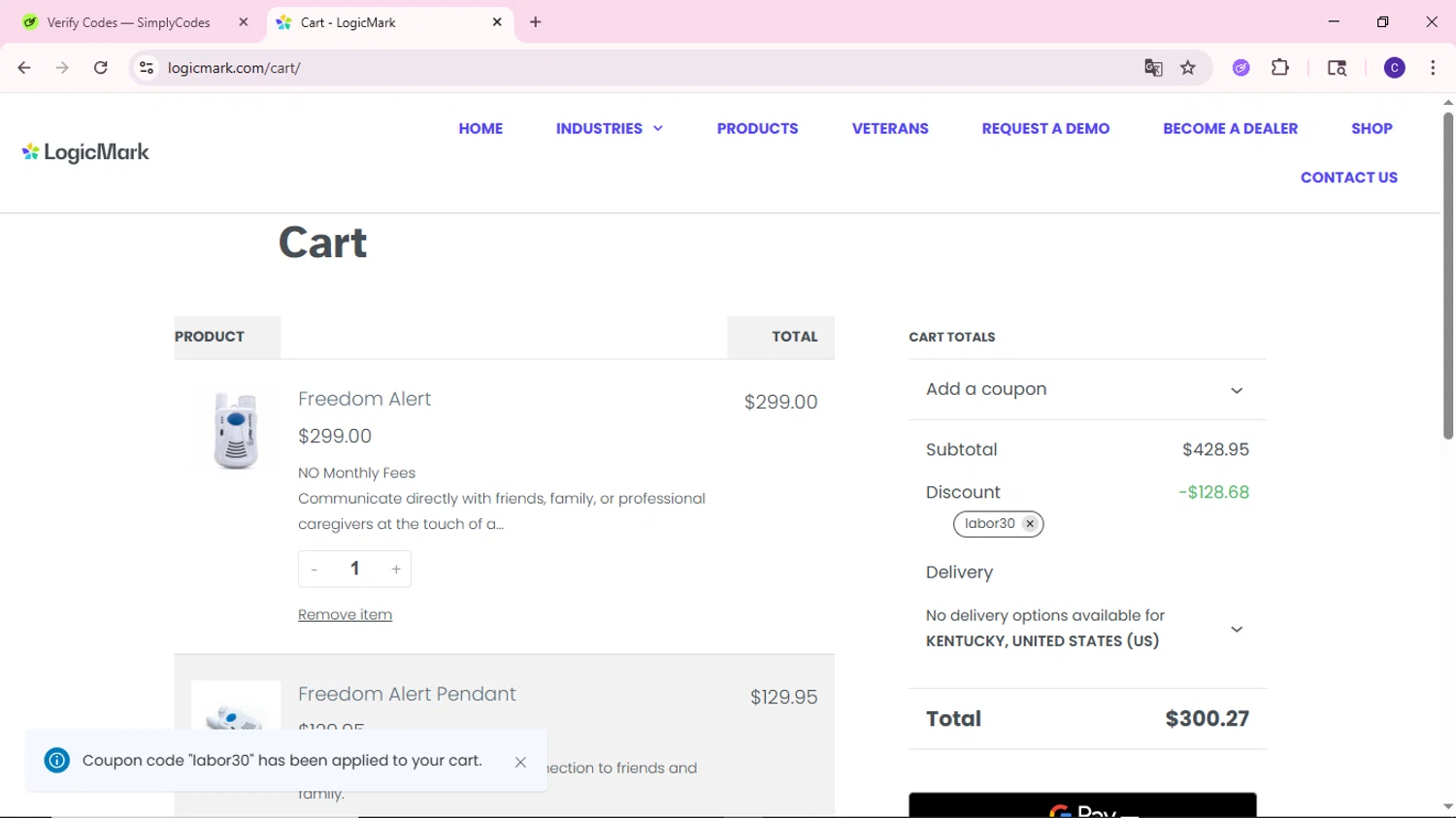 Logicmark promo code screenshot showing code labor30 applied at Logicmark checkout page. Uploaded by SimplyCodes community member MoneyWizard2699 on Jun 30, 2025