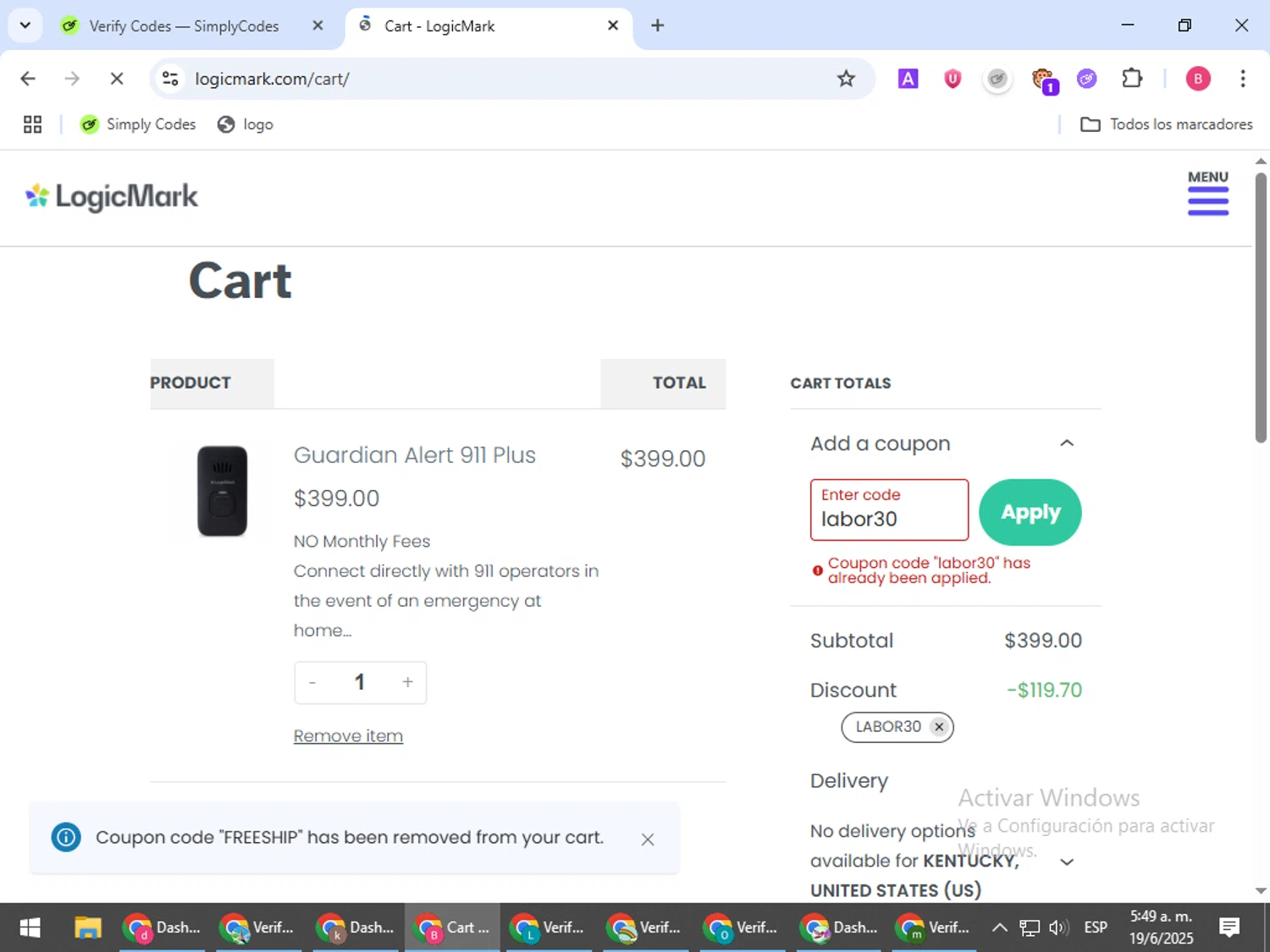 Logicmark promo code screenshot showing code labor30 applied at Logicmark checkout page. Uploaded by SimplyCodes community member bombontropical on Jun 19, 2025