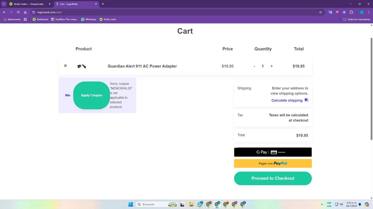 Logicmark promo code screenshot showing code Memorial20 applied at Logicmark checkout page. Uploaded by SimplyCodes community member JhofranGG on Jul 28, 2025