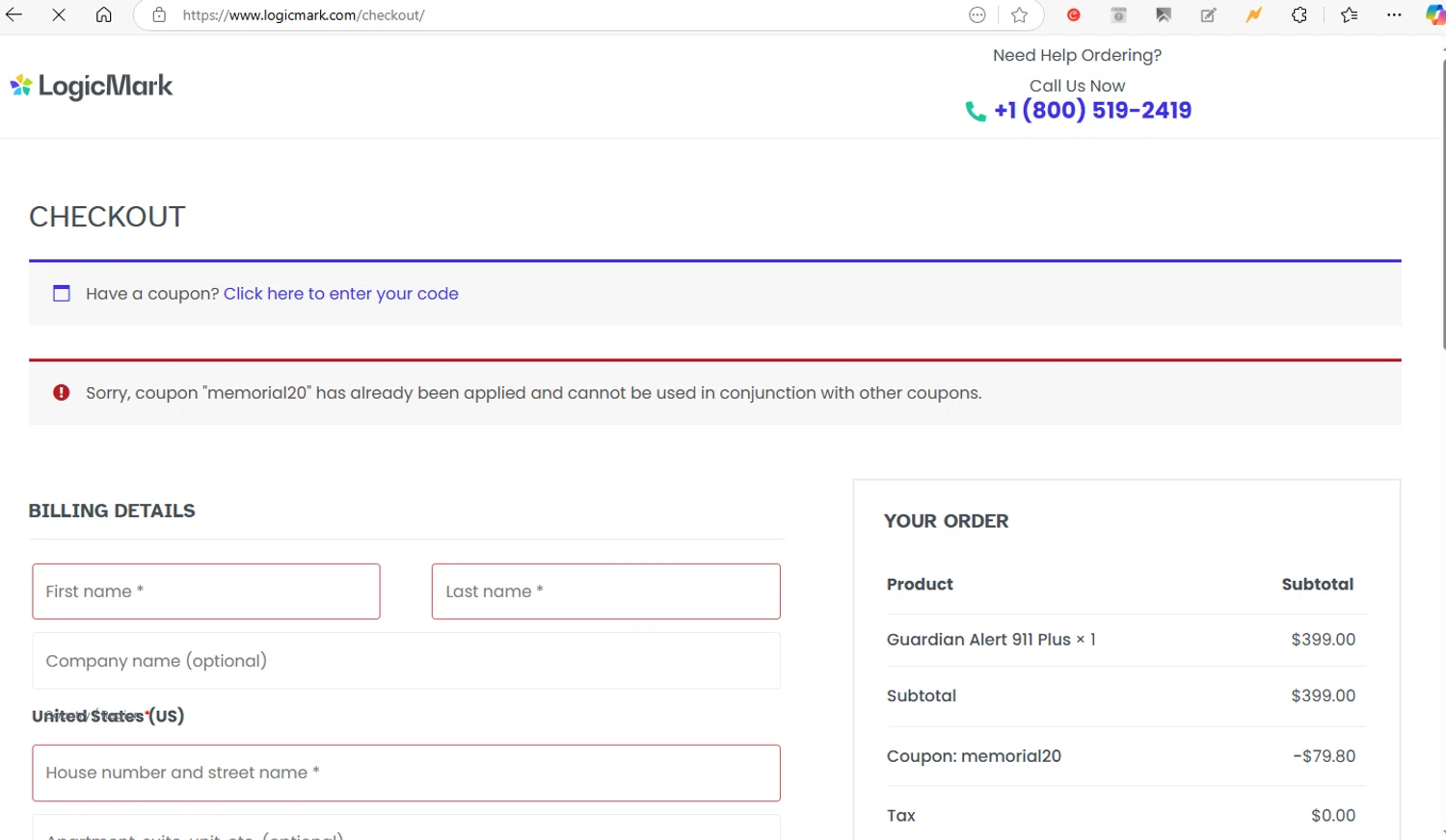 Logicmark promo code screenshot showing code Memorial20 applied at Logicmark checkout page. Uploaded by SimplyCodes community member VictorYanez on Jan 9, 2025