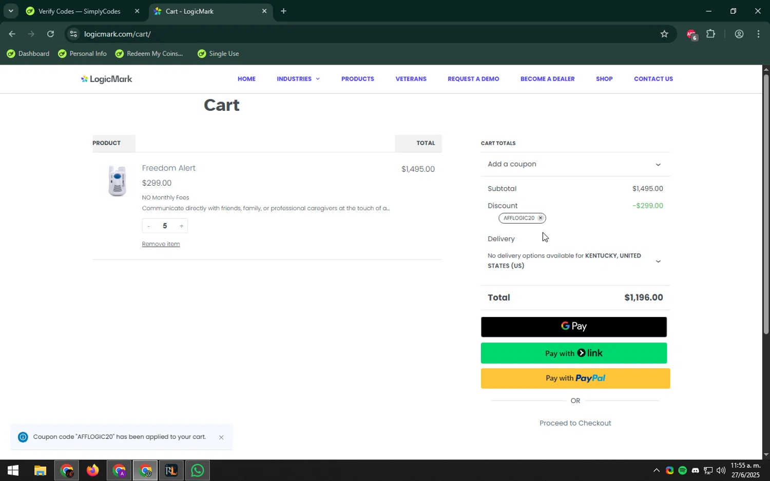 Logicmark promo code screenshot showing code AFFLOGIC20 applied at Logicmark checkout page. Uploaded by SimplyCodes community member LHaunter on Jun 27, 2025