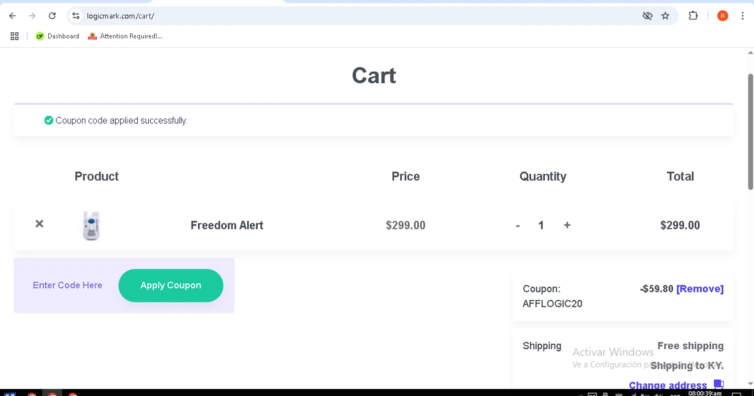 Logicmark promo code screenshot showing code AFFLOGIC20 applied at Logicmark checkout page. Uploaded by SimplyCodes community member rodolfocaraballo on Aug 8, 2025