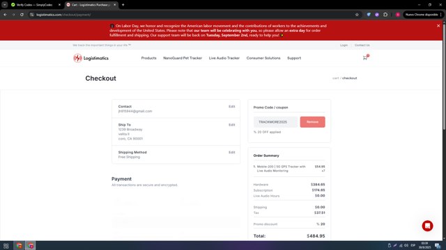 Logistimatics checkout page showing Logistimatics promo code box | Screenshot taken by SimplyCodes community member on Aug 30, 2025