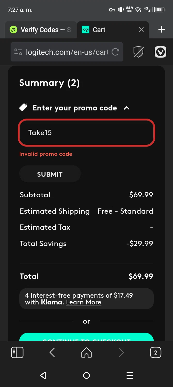 Logitech promo code screenshot showing code Take15 applied at Logitech checkout page. Uploaded by SimplyCodes community member CarmenVGR on Mar 6, 2025