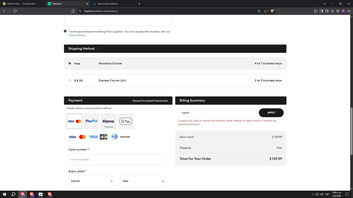 Logitech promo code screenshot showing code Take15 applied at Logitech checkout page. Uploaded by SimplyCodes community member aaaaaaaaaaaaaaaaaaaaa on Jun 8, 2025