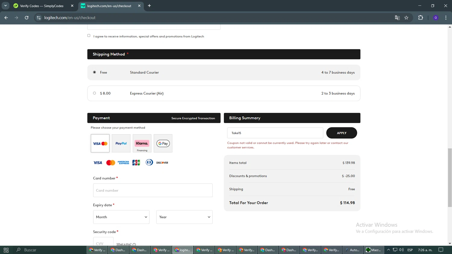 Logitech promo code screenshot showing code Take15 applied at Logitech checkout page. Uploaded by SimplyCodes community member TERESASA on Mar 6, 2025