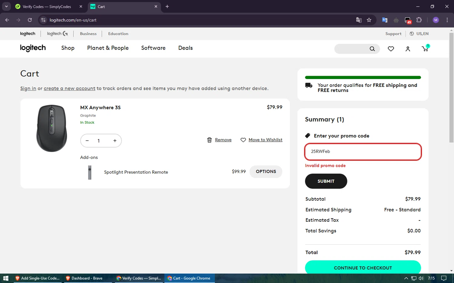 Logitech promo code screenshot showing code 25RWFeb applied at Logitech checkout page. Uploaded by SimplyCodes community member usuario500 on Feb 23, 2025