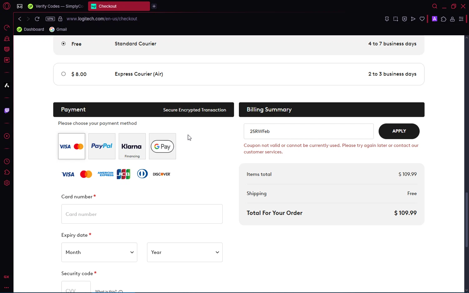 Logitech promo code screenshot showing code 25RWFeb applied at Logitech checkout page. Uploaded by SimplyCodes community member Pioneer1 on Jun 8, 2025