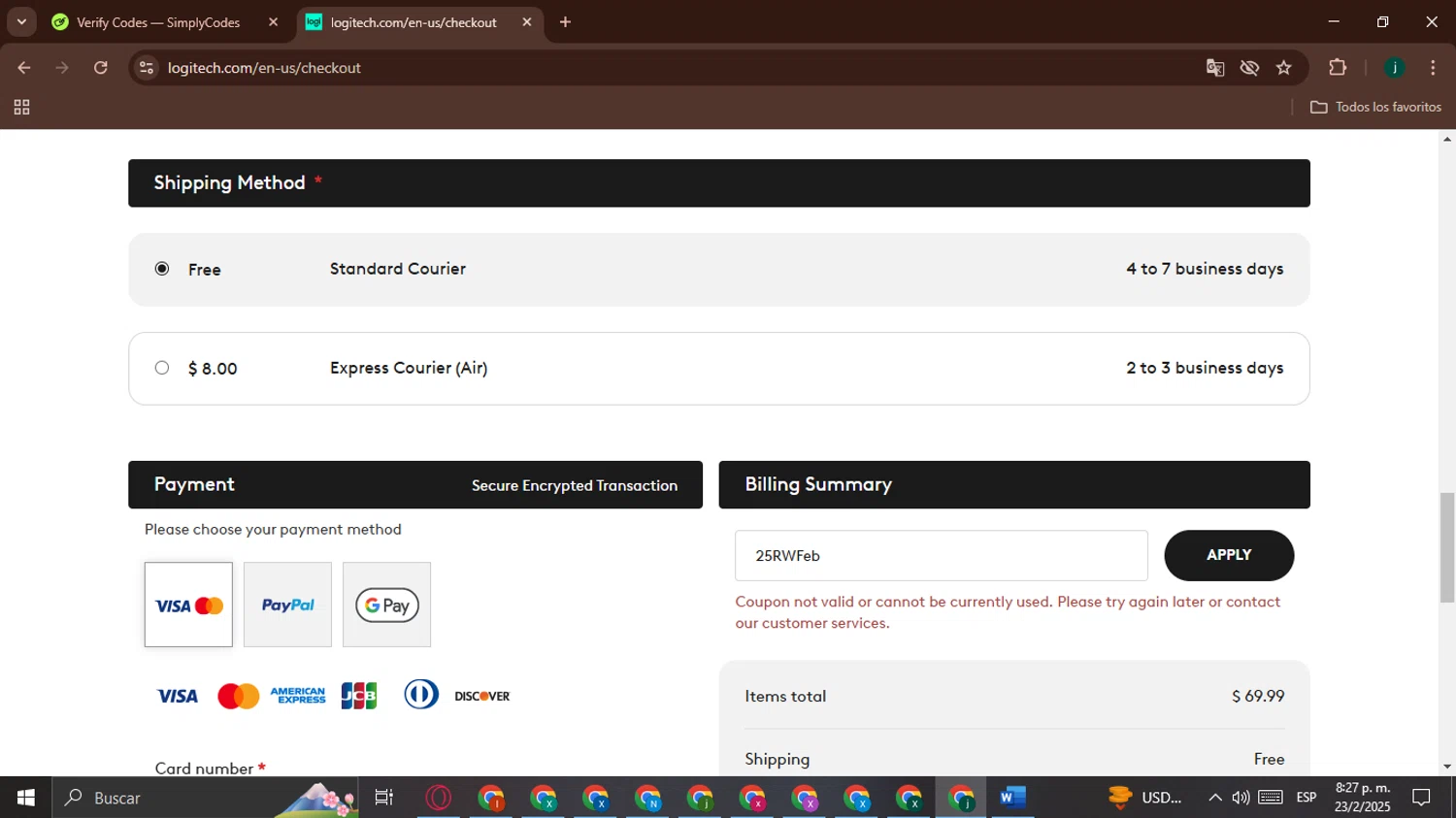 Logitech promo code screenshot showing code 25RWFeb applied at Logitech checkout page. Uploaded by SimplyCodes community member BargainHunter8488 on Feb 24, 2025