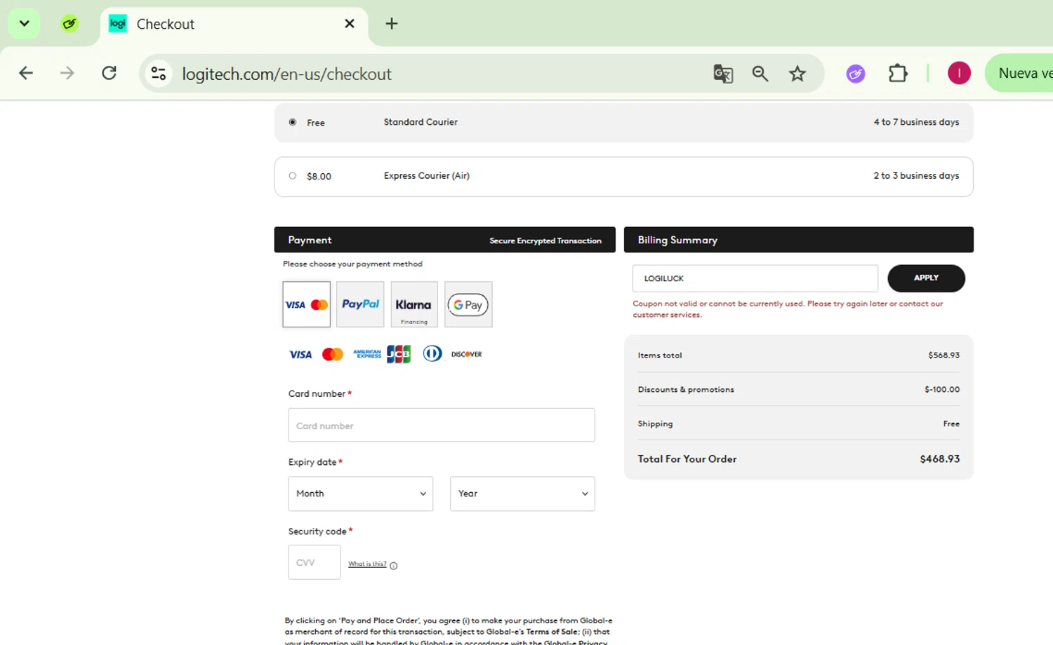 Logitech promo code screenshot showing code LOGILUCK applied at Logitech checkout page. Uploaded by SimplyCodes community member SavingsPhoenix2740 on Jul 30, 2025