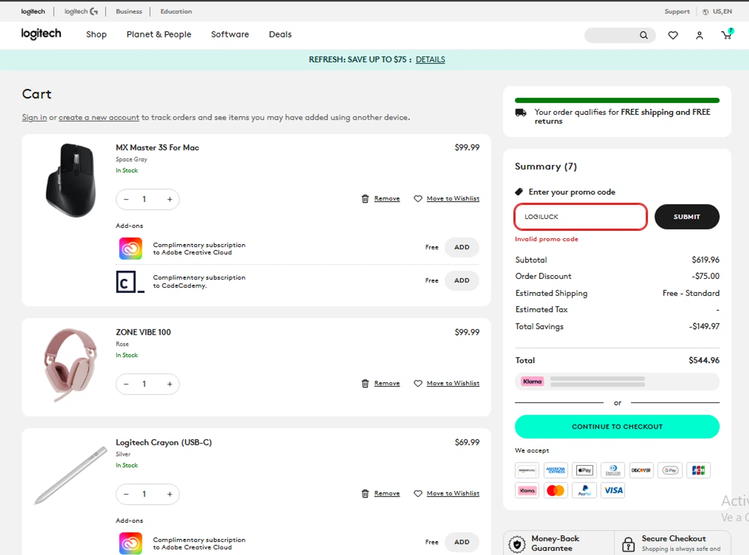Logitech promo code screenshot showing code LOGILUCK applied at Logitech checkout page. Uploaded by SimplyCodes community member perrofimosis241 on Mar 19, 2025