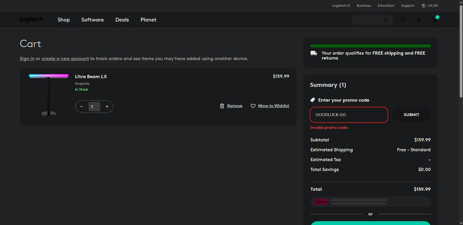 Logitech promo code screenshot showing code GOODLUCK-GG applied at Logitech checkout page. Uploaded by SimplyCodes community member Nor_man on Jun 8, 2025