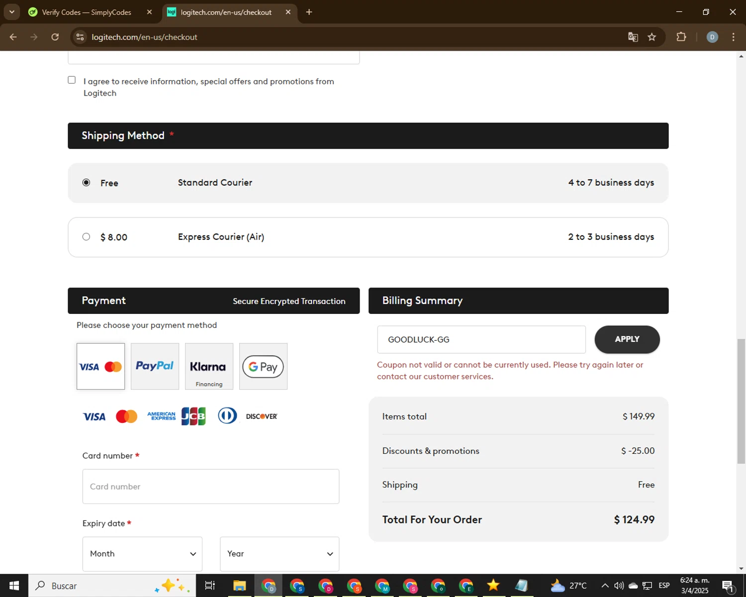 Logitech promo code screenshot showing code GOODLUCK-GG applied at Logitech checkout page. Uploaded by SimplyCodes community member CodeVoyager5621 on Apr 3, 2025
