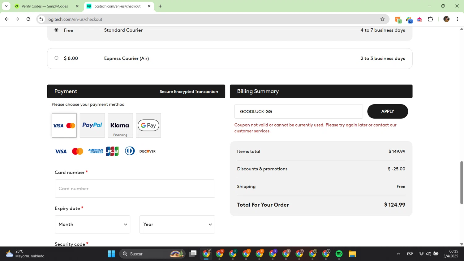 Logitech promo code screenshot showing code GOODLUCK-GG applied at Logitech checkout page. Uploaded by SimplyCodes community member alfredish on Apr 3, 2025