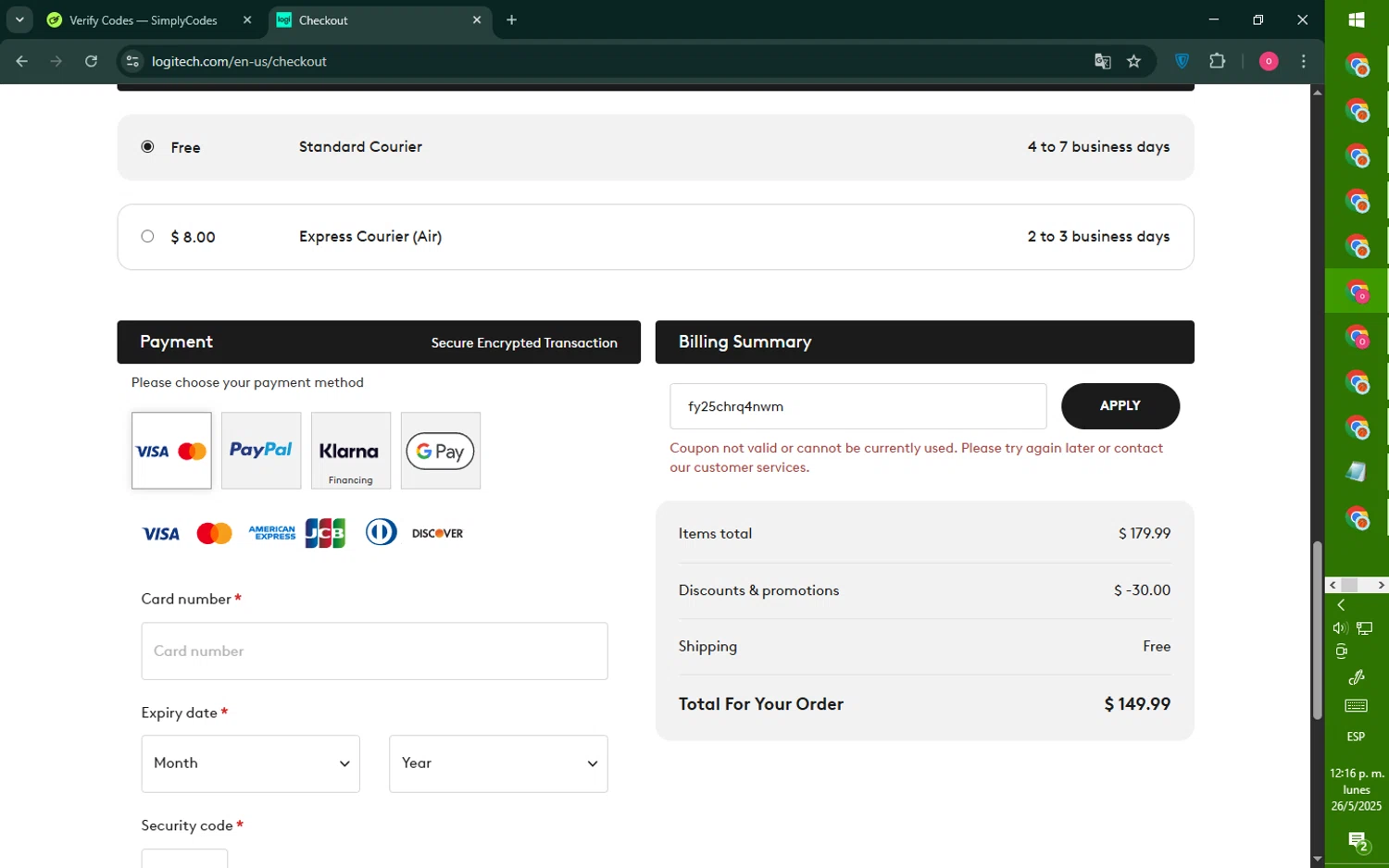 Logitech promo code screenshot showing code fy25chrq4nwm applied at Logitech checkout page. Uploaded by SimplyCodes community member RebateNavigator926 on May 26, 2025